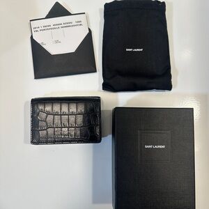 Saint Laurent Black Croc-Embossed Card Holder